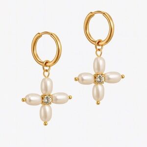 18K Gold Pearl Hoop Earrings (1012)